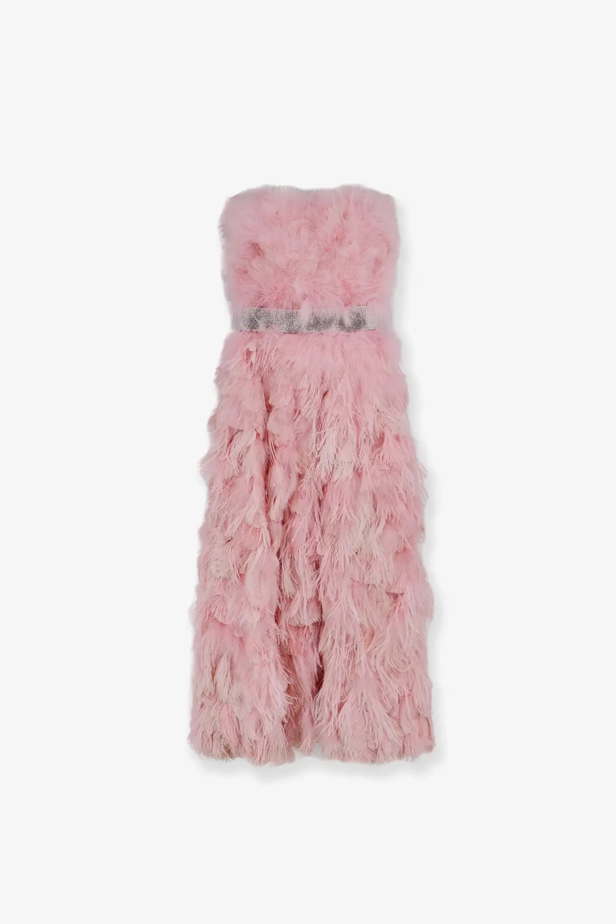 Dolce &amp; Gabbana women’s silk long dress in soft pink with feathered strapless design and sparkling silver belt