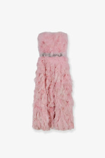 Dolce &amp; Gabbana women’s silk long dress in soft pink with feathered strapless design and sparkling silver belt