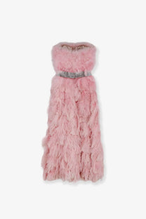 Dolce &amp; Gabbana women’s silk long dress white in soft pink with feathered details and a sparkling silver belt