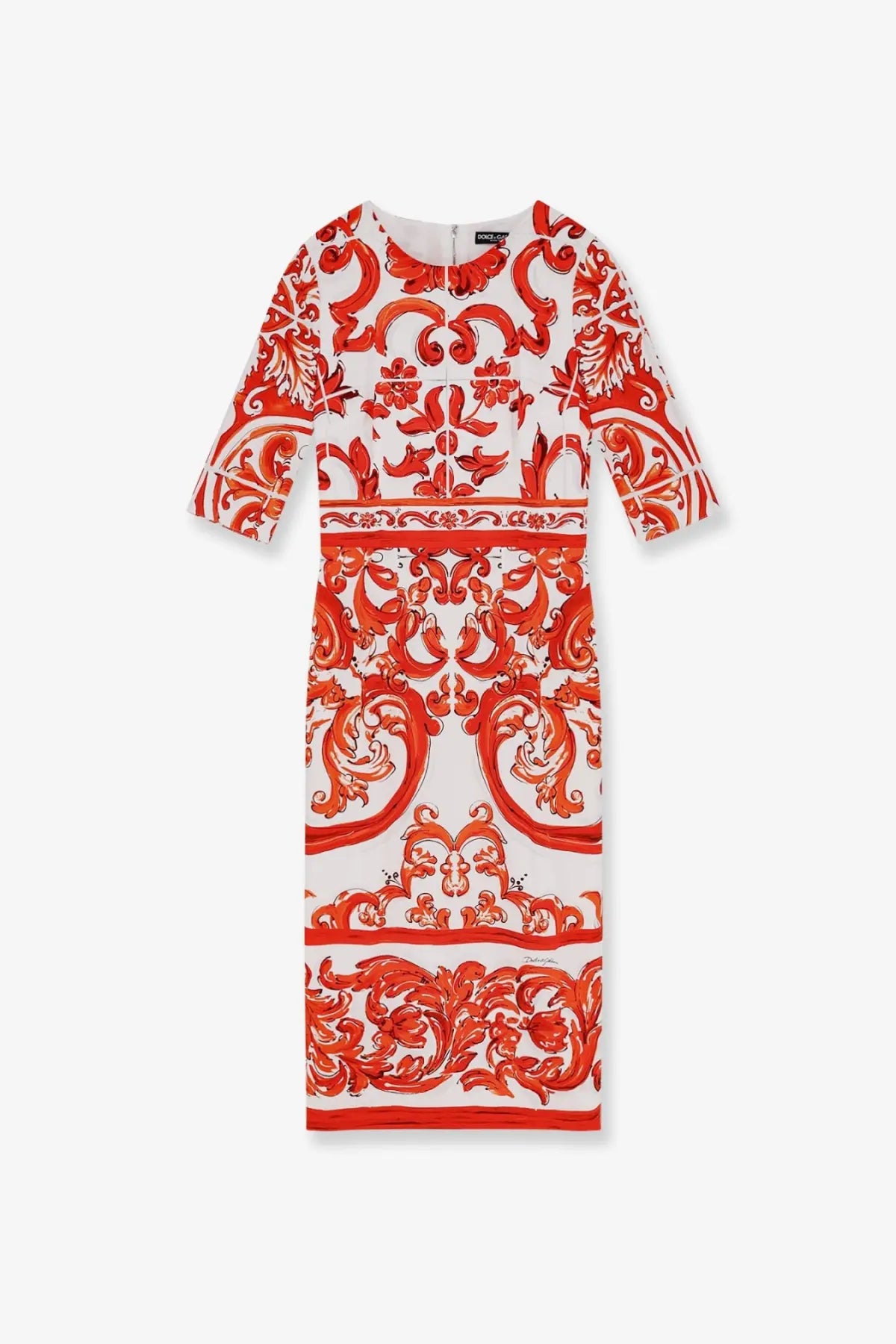 Dolce &amp; Gabbana women’s silk long dress white with vibrant red and white damask pattern and three-quarter sleeves