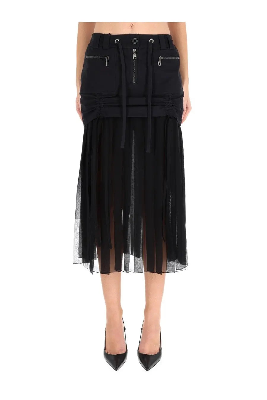 Dolce &amp; Gabbana women’s black silk midi skirt with high waist, zipped pockets, drawstrings, and sheer tulle overlay