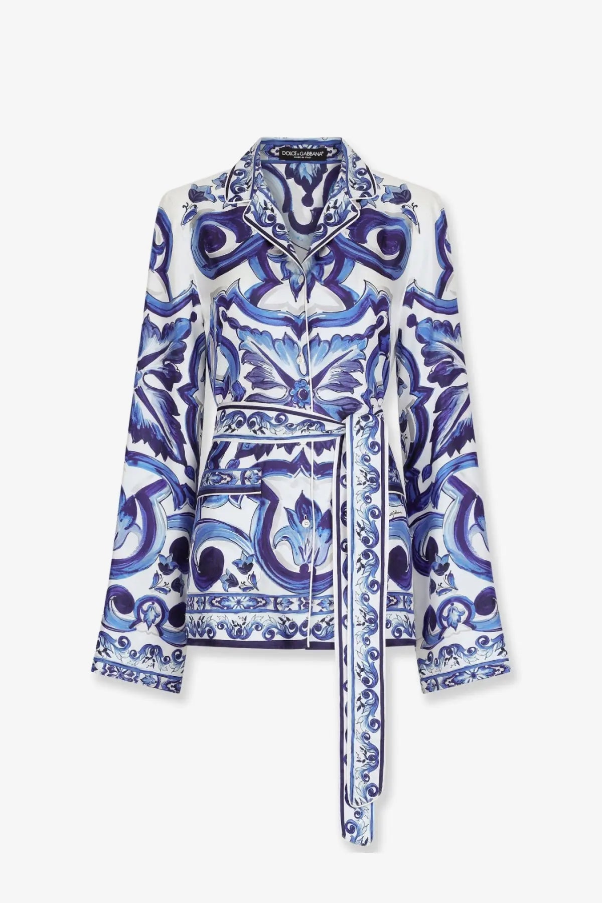 Dolce &amp; Gabbana women’s silk blouse with intricate blue and white porcelain pattern and belted waist