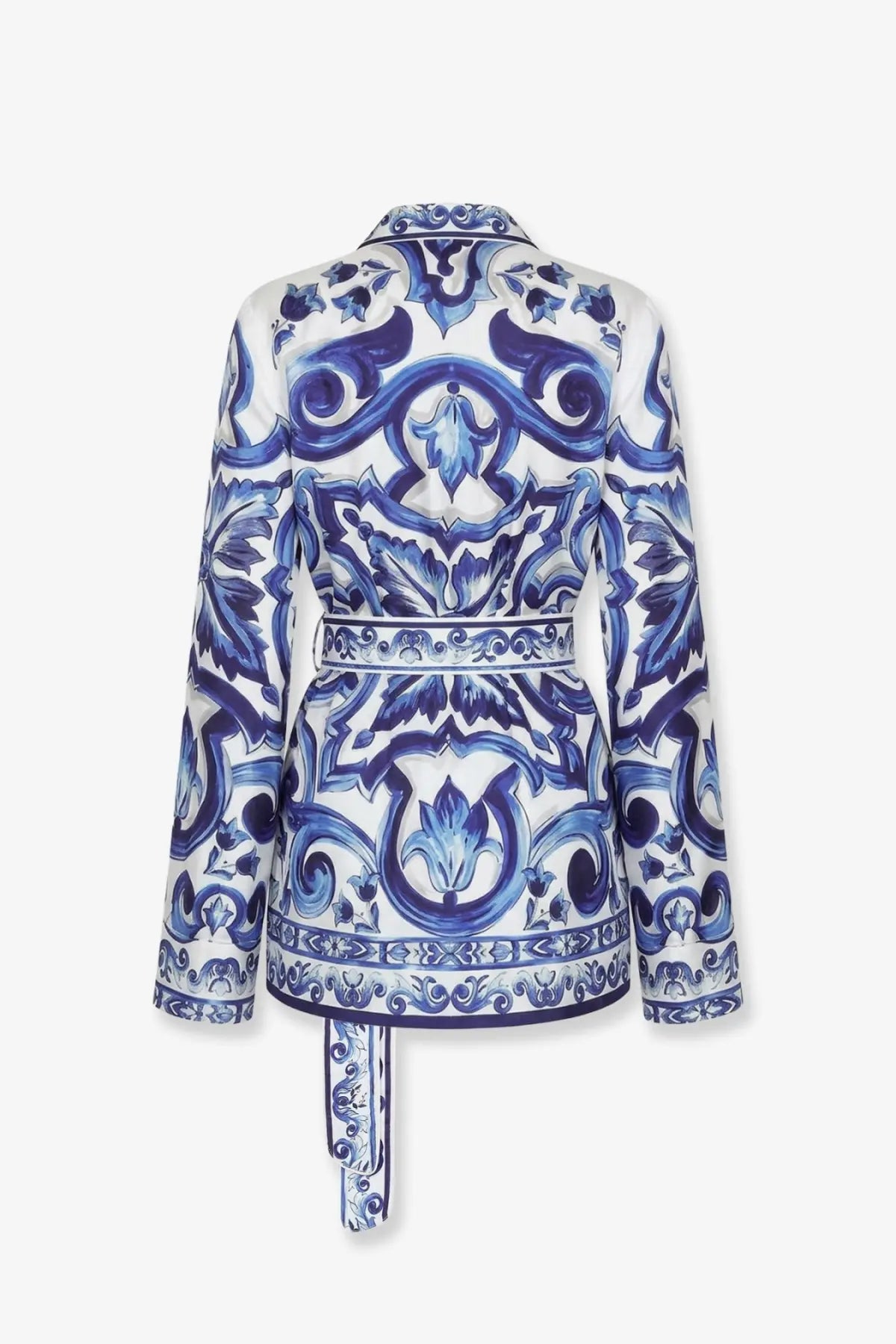 Dolce &amp; gabbana women’s blue silk shirt featuring a white and blue patterned blazer with intricate ornamental design