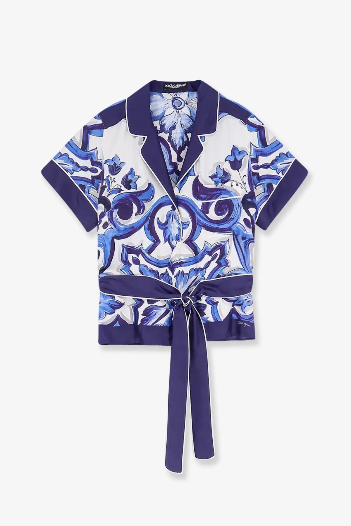 Dolce &amp; gabbana women’s blue and white patterned silk pajama top with short sleeves and tied waistband