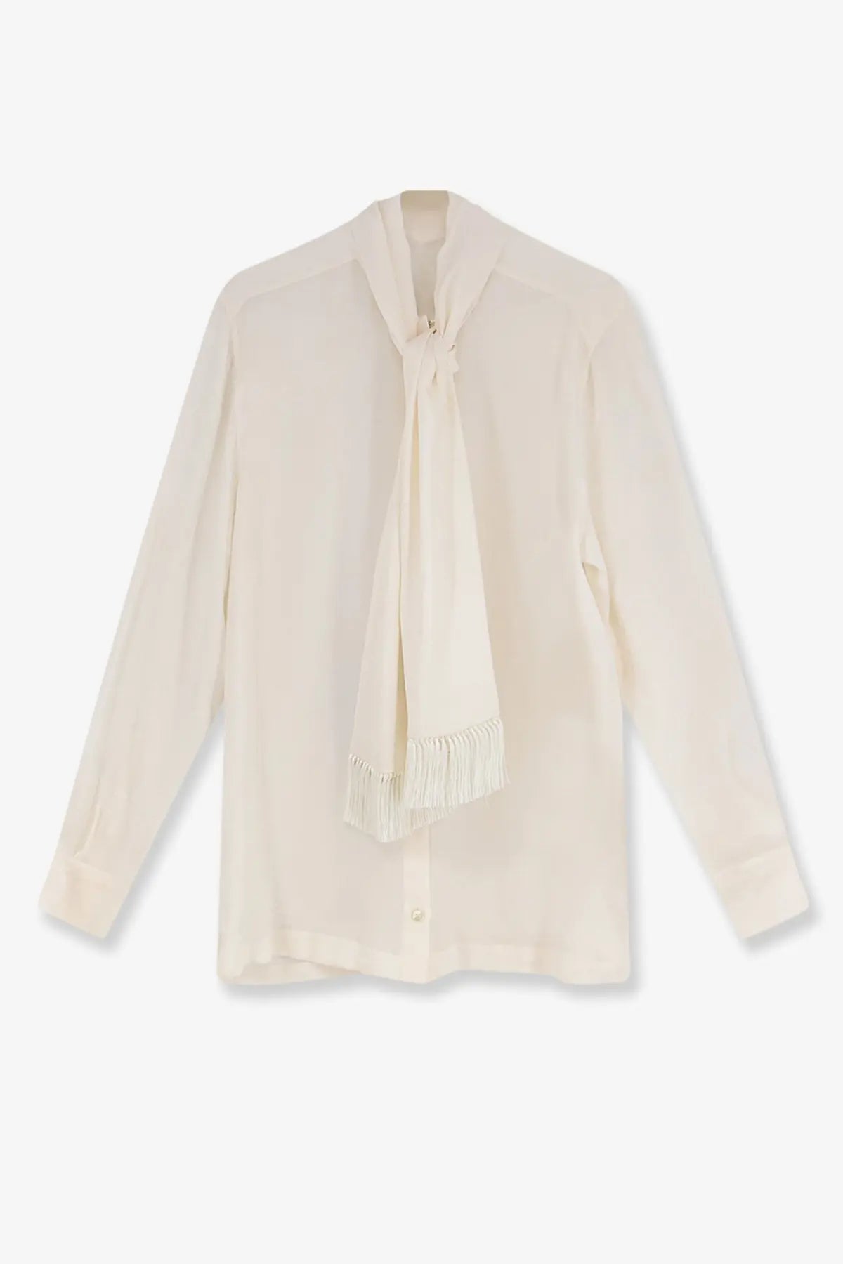 Dolce &amp; Gabbana women’s cream silk blouse with tie-front detail and delicate fringe trim in white