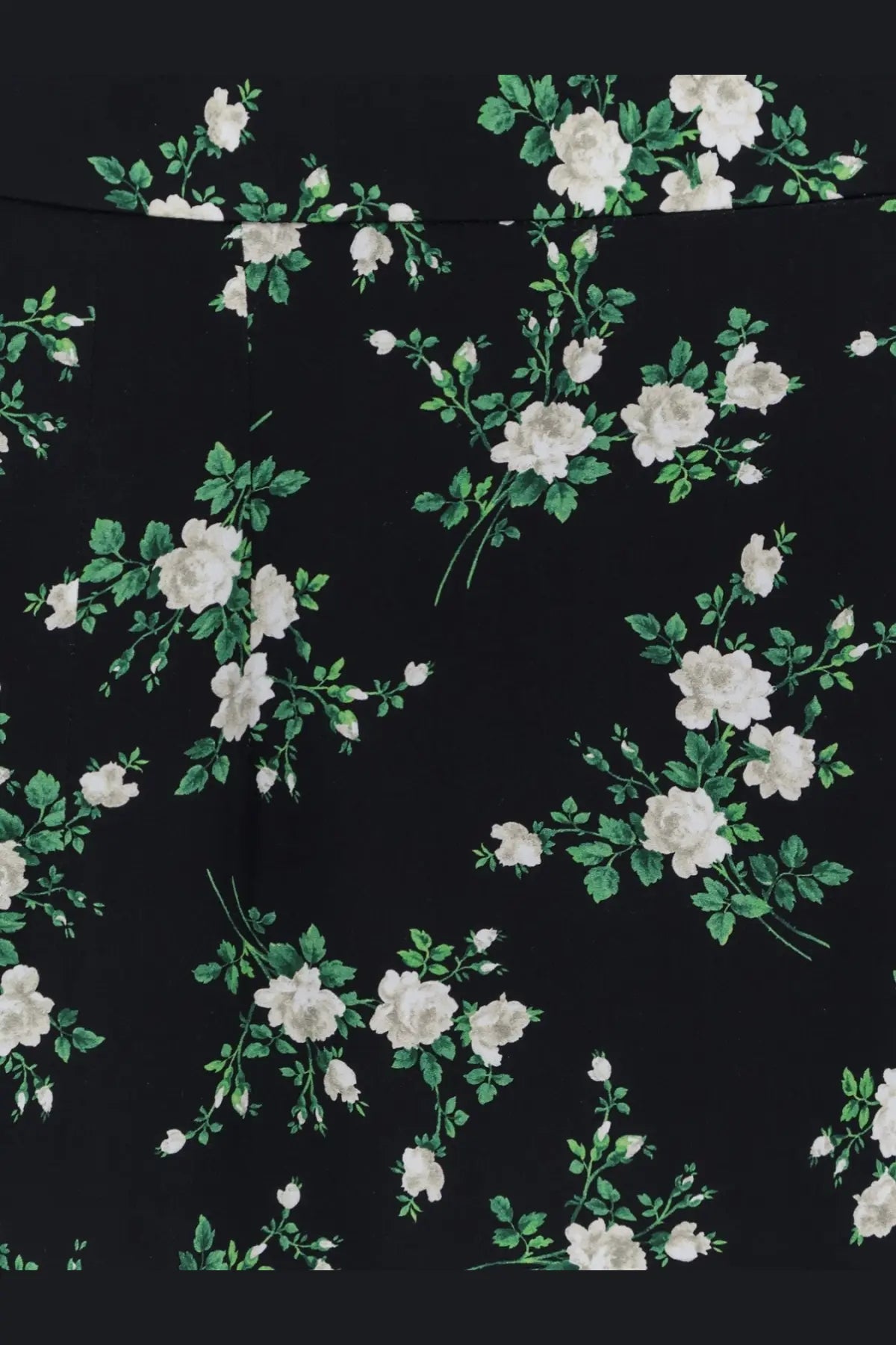 Dolce &amp; gabbana women’s black silk skirt with white rose and green leaf repeating pattern on fabric