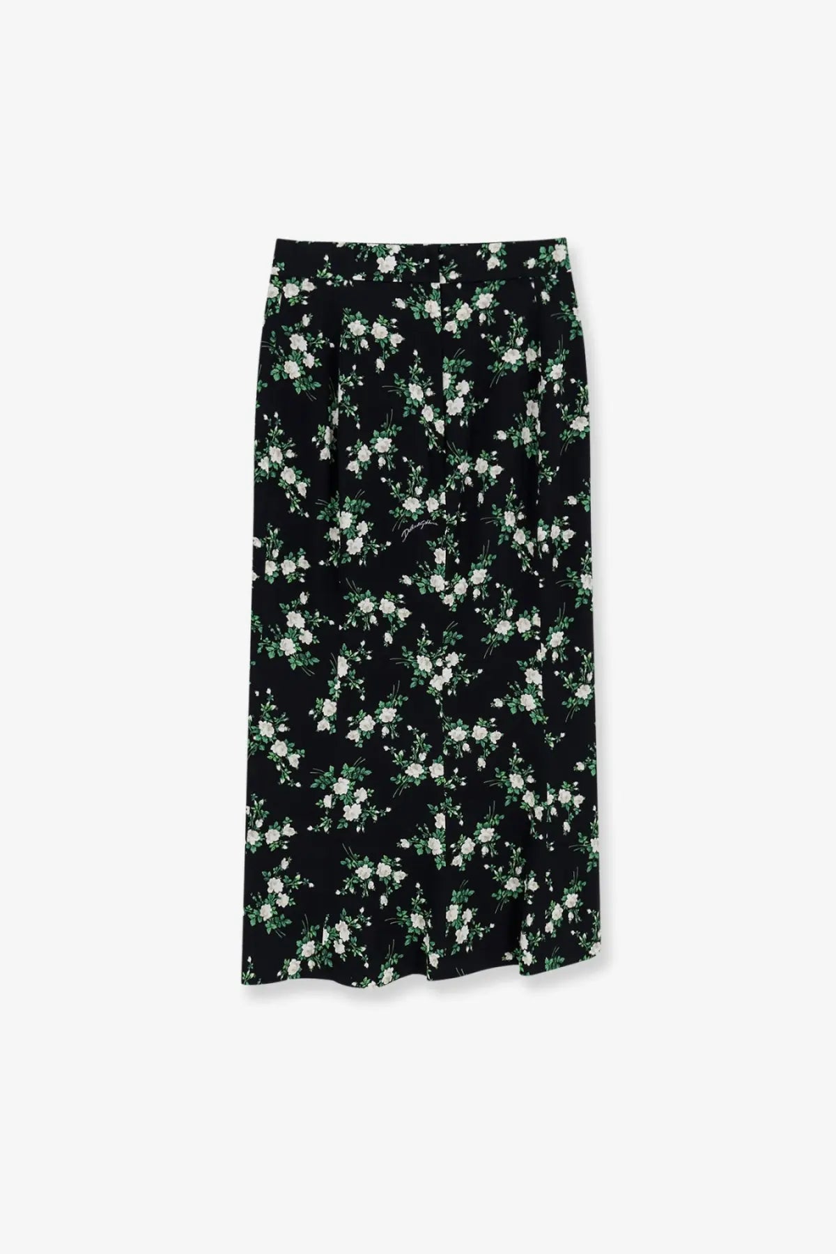 Dolce &amp; Gabbana women’s black silk midi skirt with delicate white and green floral print on flowing fabric