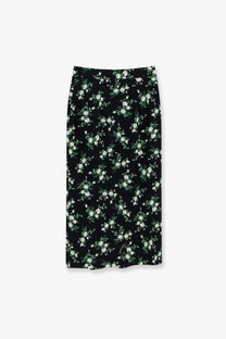 Dolce &amp; Gabbana women’s black silk midi skirt with delicate white and green floral pattern