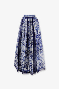 Dolce &amp; gabbana women’s silk a-line midi skirt in sheer fabric with blue and white porcelain pattern and navy trim