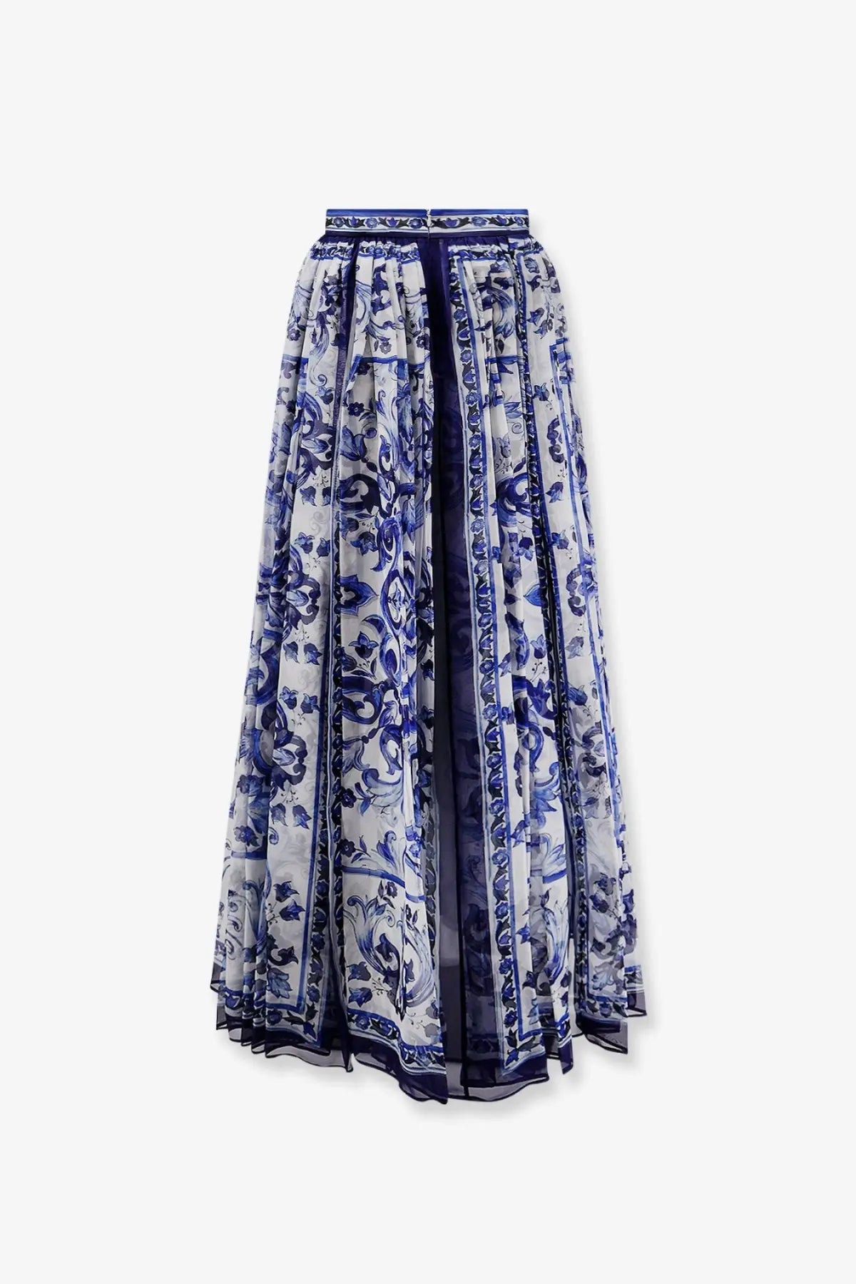 Dolce &amp; Gabbana women’s silk skirt in blue with white porcelain-inspired floral pattern and flowing long design