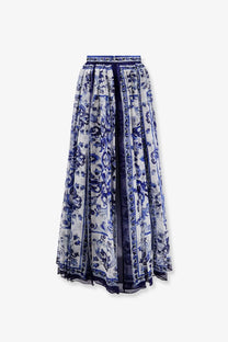 Dolce &amp; Gabbana women’s silk skirt in blue with white porcelain-inspired floral pattern and flowing long design