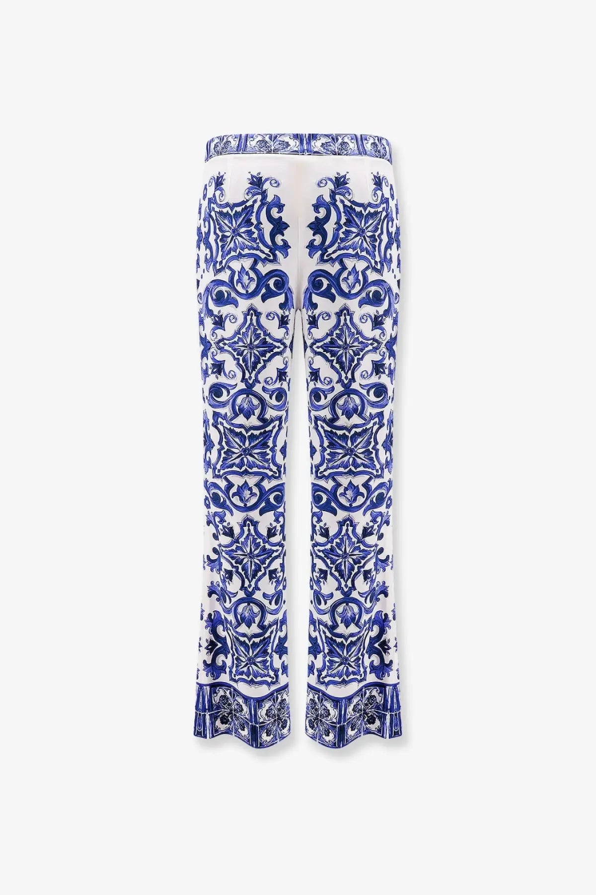 Dolce &amp; Gabbana women’s silk white wide-leg trousers with intricate blue porcelain floral and geometric pattern