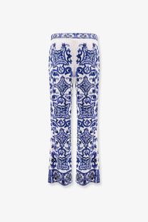 Dolce &amp; Gabbana women’s silk white wide-leg trousers with intricate blue porcelain floral and geometric pattern
