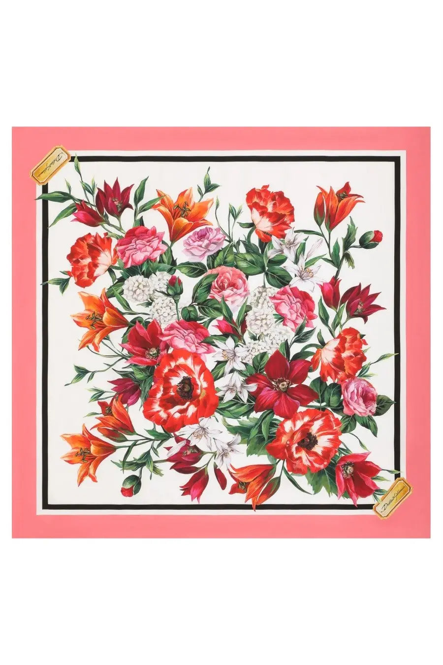 Dolce &amp; Gabbana women’s silk twill scarf with vibrant pink floral print and red orange white blossoms on white center