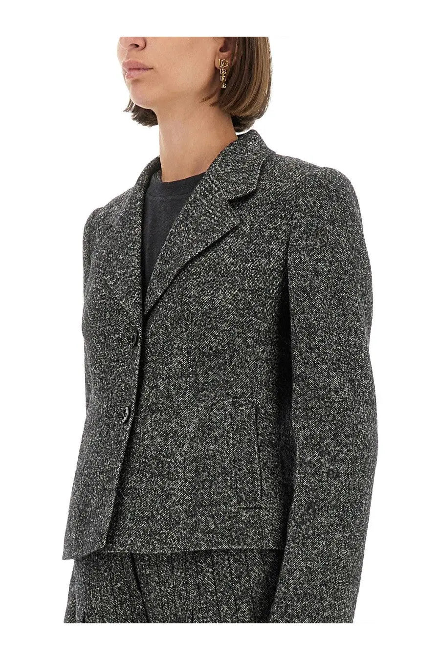 Dolce &amp; gabbana women’s single breasted wool blend jacket in dot grey with textured charcoal gray tweed and notched lapels