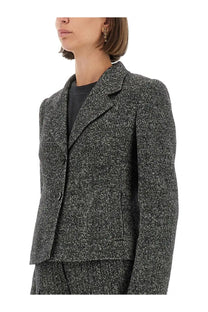 Dolce &amp; gabbana women’s single breasted wool blend jacket in dot grey with textured charcoal gray tweed and notched lapels