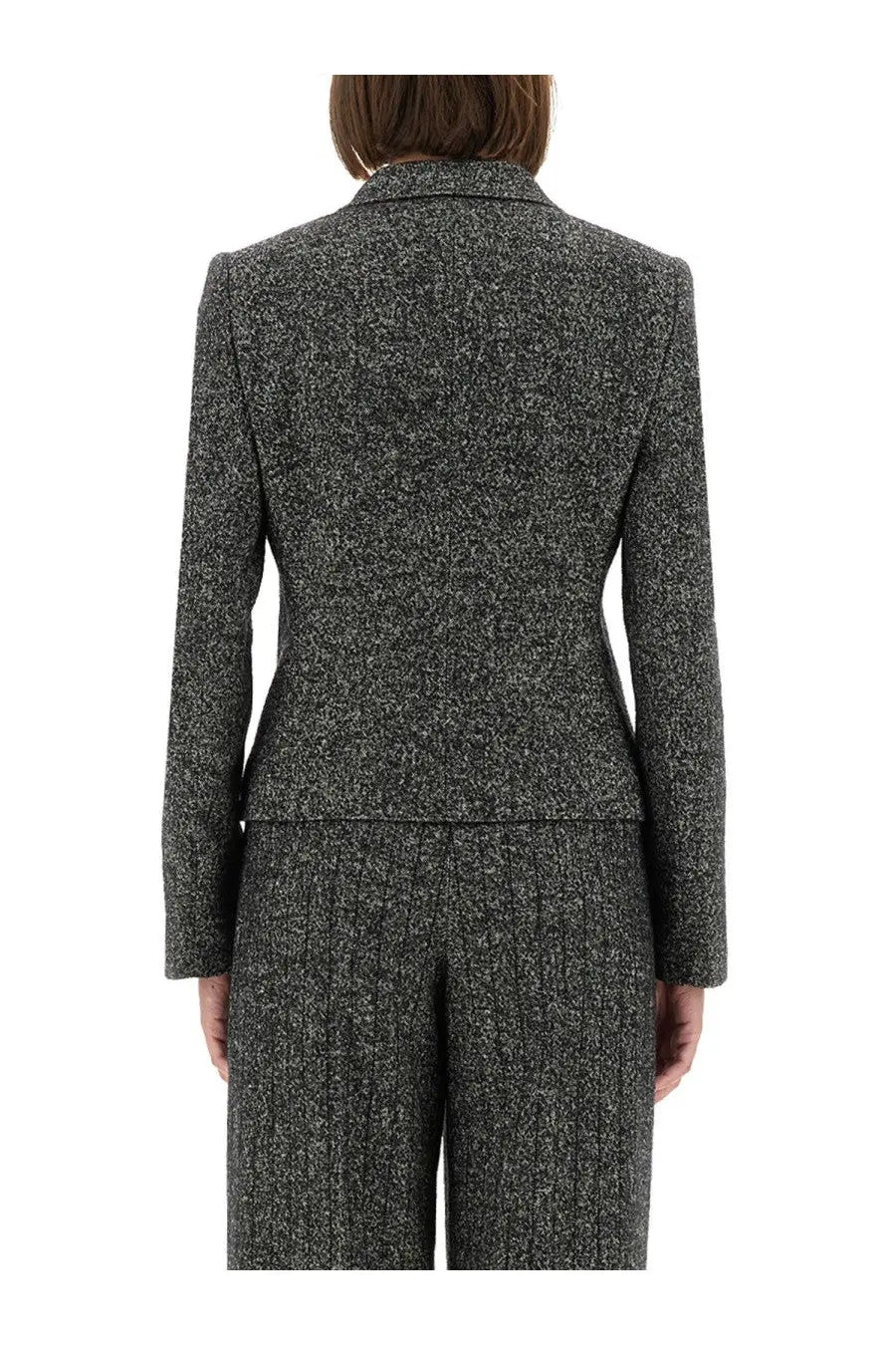 Dolce &amp; Gabbana women’s single breasted charcoal gray tweed blazer with subtle speckled texture and structured shoulders