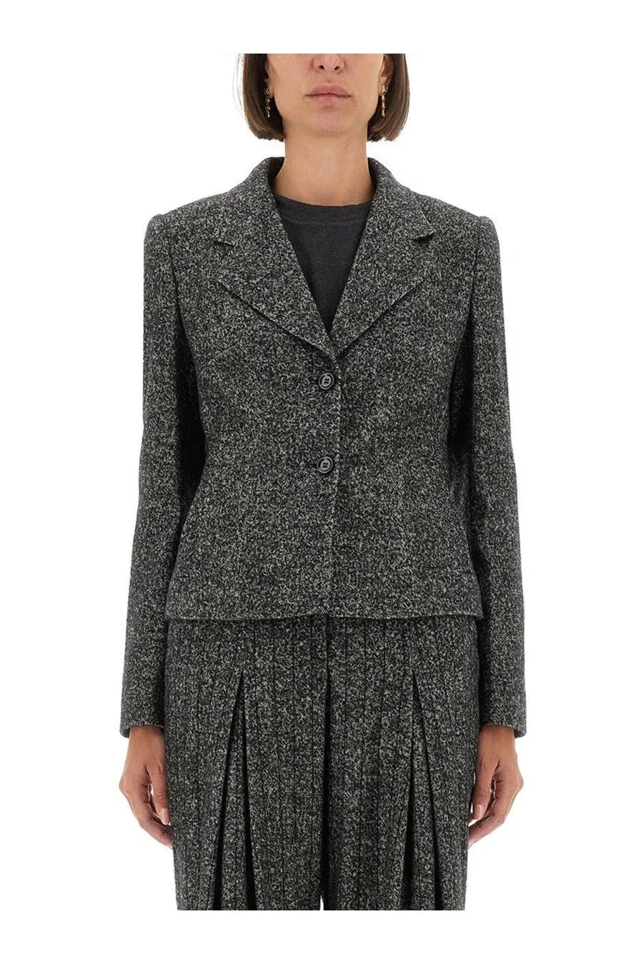 Dolce &amp; gabbana women’s single breasted wool blend blazer in charcoal gray with speckled tweed texture and two-button closure