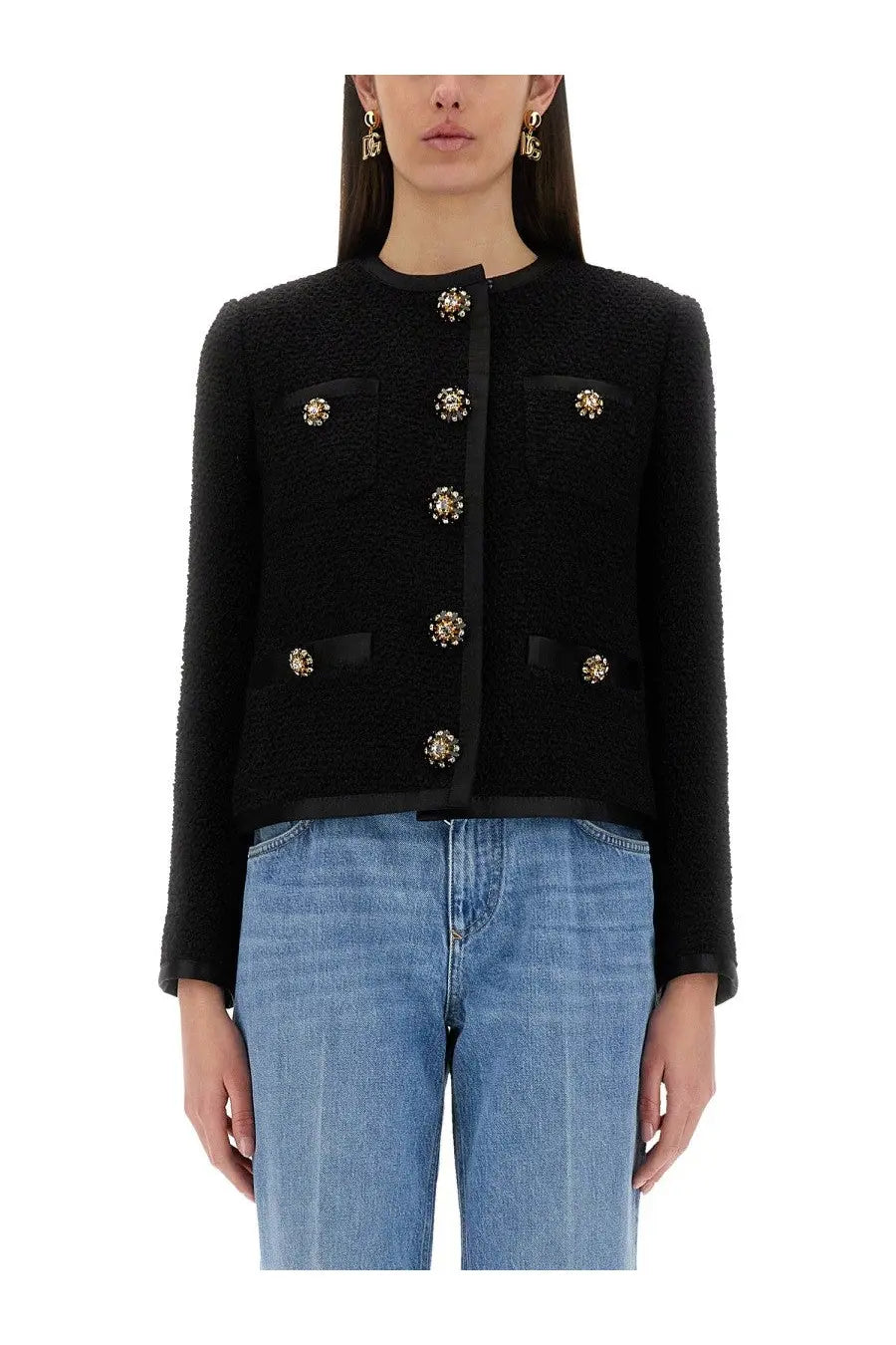 Dolce &amp; Gabbana Women's Single Breasted Tweed Bouclé Short Jacket Black