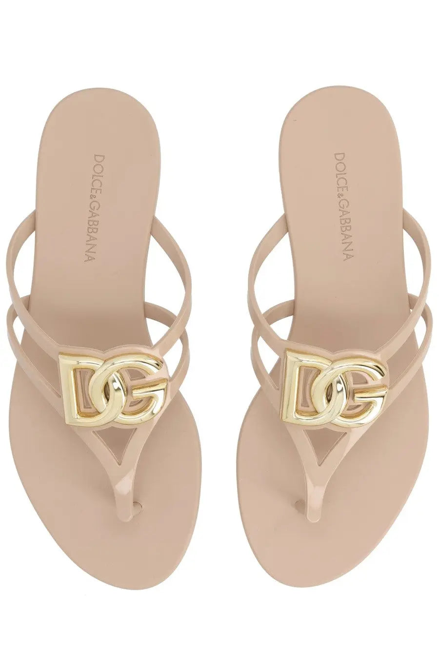 Dolce &amp; Gabbana women’s beige slide flip-flops with gold-tone interlocking dg logo hardware