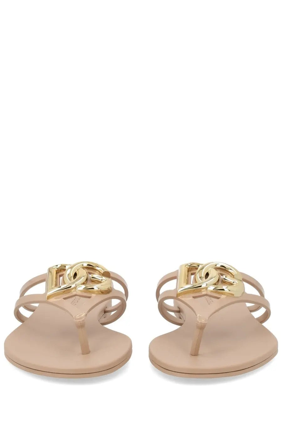 Dolce &amp; Gabbana women’s beige rubber flip-flops with gold-tone interlocking logo clasp slide style