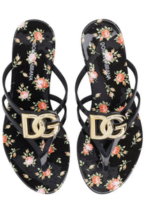 Dolce &amp; Gabbana women’s black floral-patterned flip-flops with gold-tone dg logo hardware multicolor slides