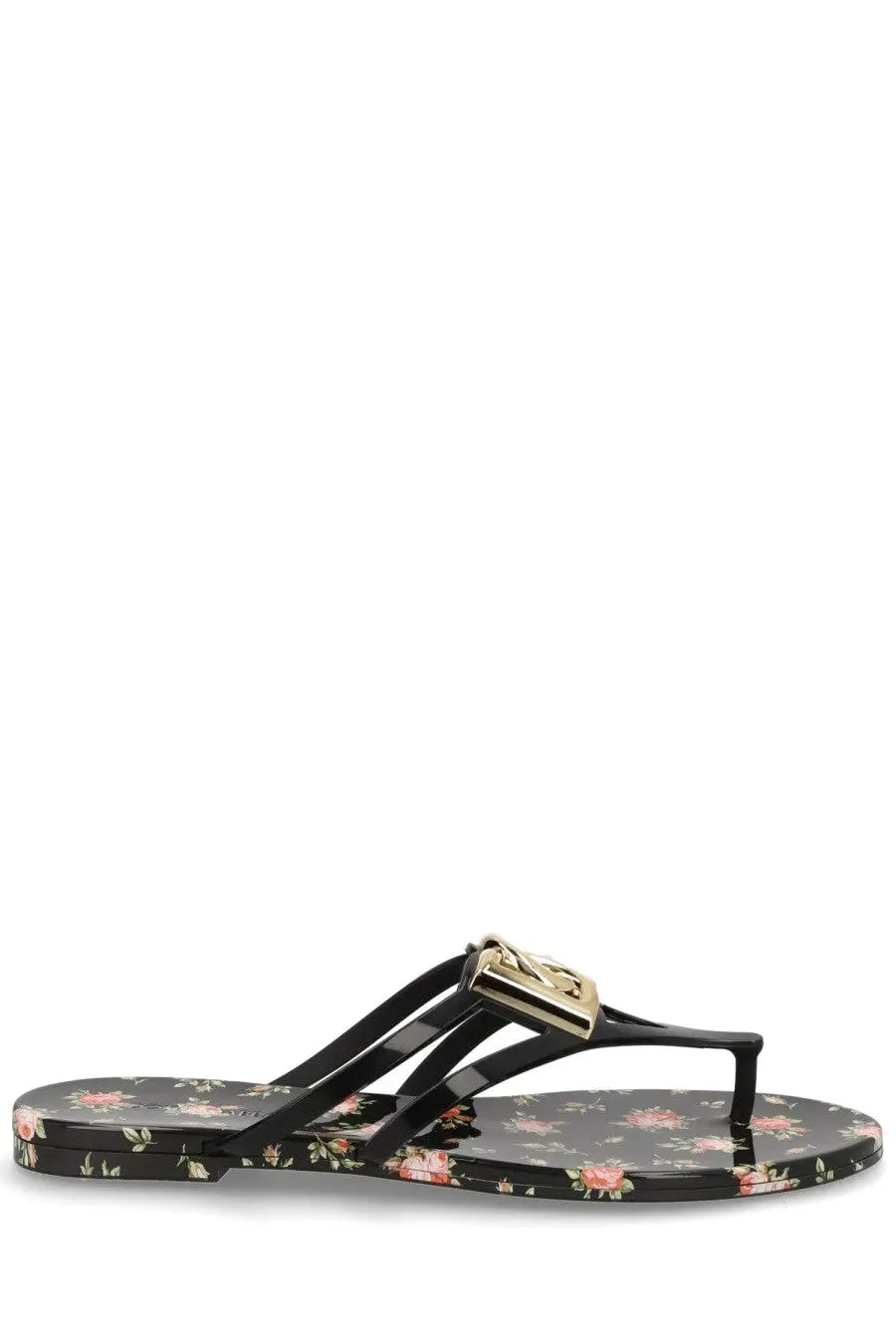 Dolce &amp; Gabbana women’s black floral-patterned flip-flop with gold-tone metallic buckle in multicolor design