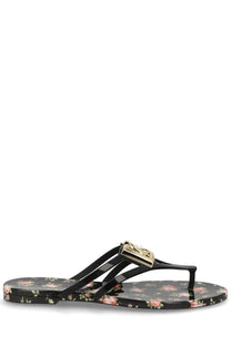 Dolce &amp; Gabbana women’s black floral-patterned flip-flop with gold-tone metallic buckle in multicolor design