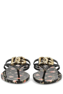 Dolce &amp; gabbana women’s black floral flip-flops with multicolor pattern and gold-tone d&amp;g logo clasp