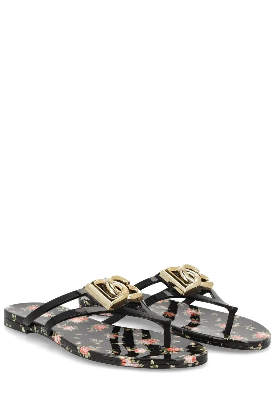 Dolce &amp; Gabbana women’s black floral-patterned flip-flops with gold-tone metallic logo accents multicolor slide