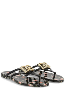 Dolce &amp; Gabbana women’s black floral-patterned flip-flops with gold-tone metallic logo accents multicolor slide
