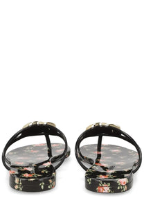 Dolce &amp; Gabbana women’s black floral-print thong sandals with glossy finish and gold-tone buckle detail