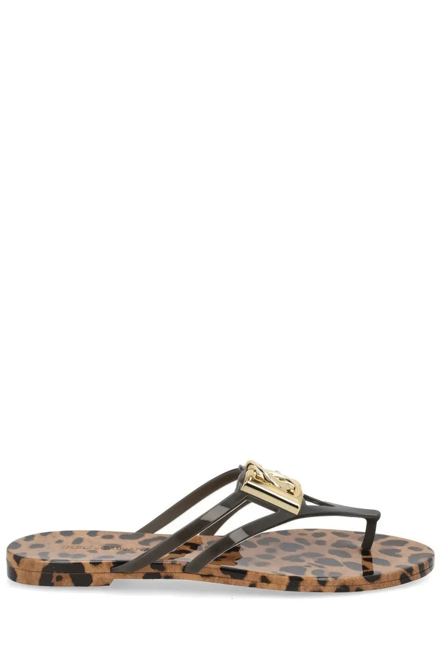 Dolce &amp; gabbana women’s leopard-print flip-flop with black straps and gold-tone metallic clasp slide sandals