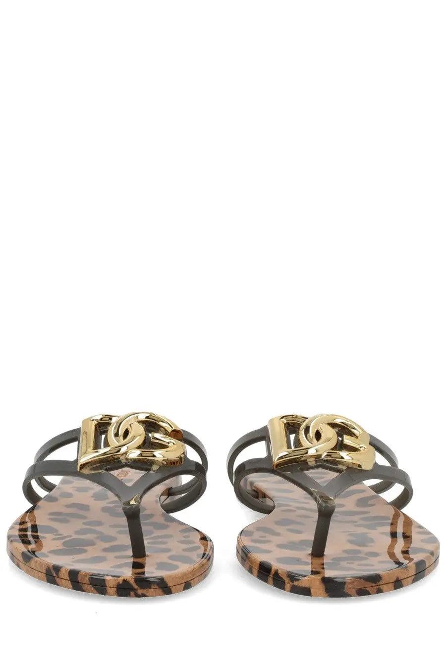 Dolce gabbana women’s leopard-print rubber flip-flops with gold-tone d&amp;g logo clasp slide con pattern