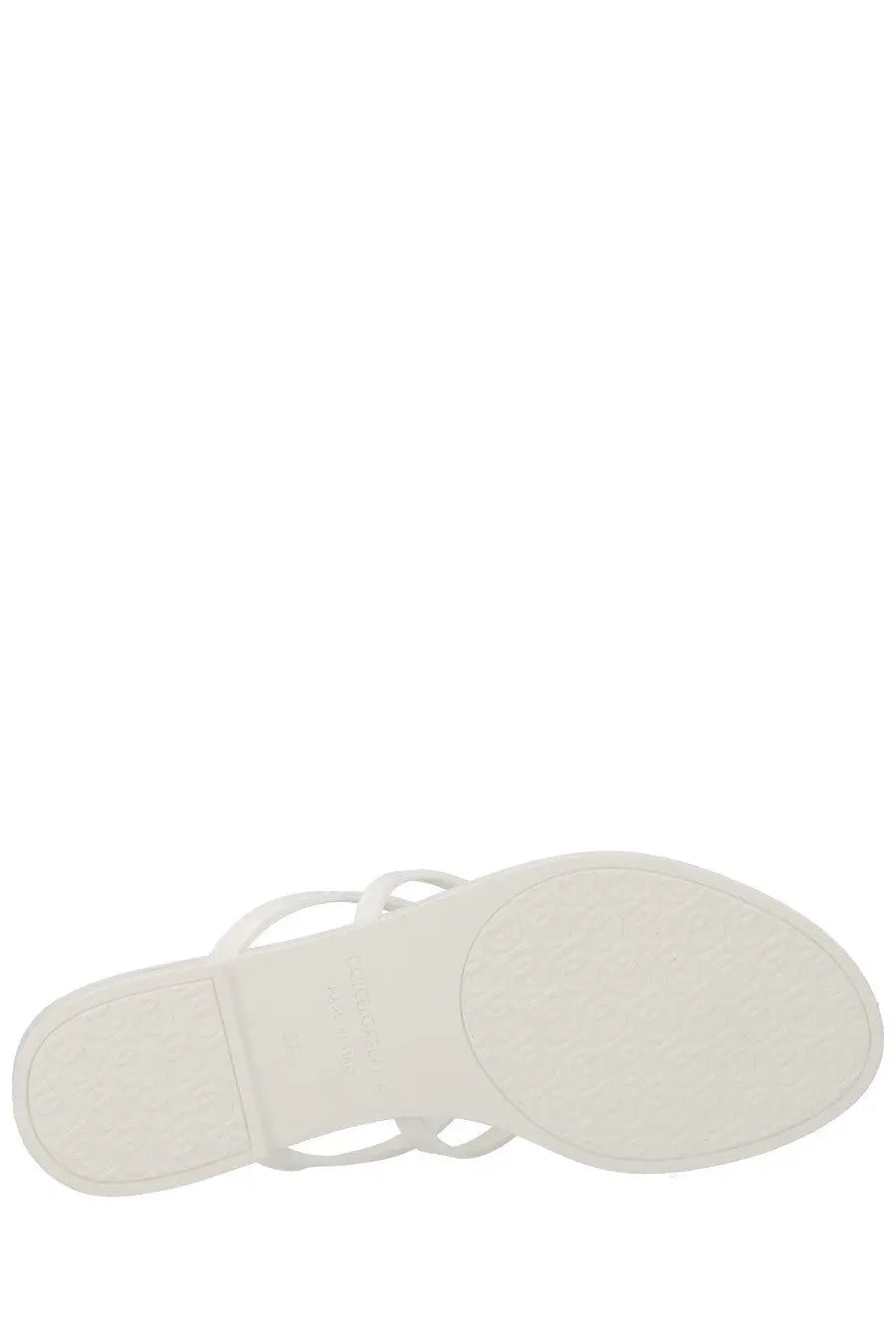 Dolce &amp; Gabbana women’s slide white leather sandal with thin straps and flat sole visible from the back side