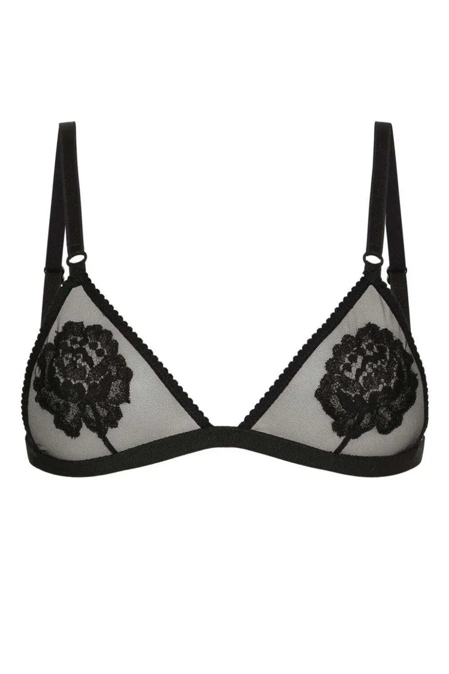 Dolce &amp; Gabbana women’s soft cup triangle bra in black lace with sheer mesh cups and adjustable straps