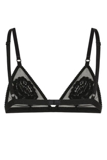 Dolce &amp; Gabbana women’s black soft cup triangle bra with sheer mesh panels and adjustable straps