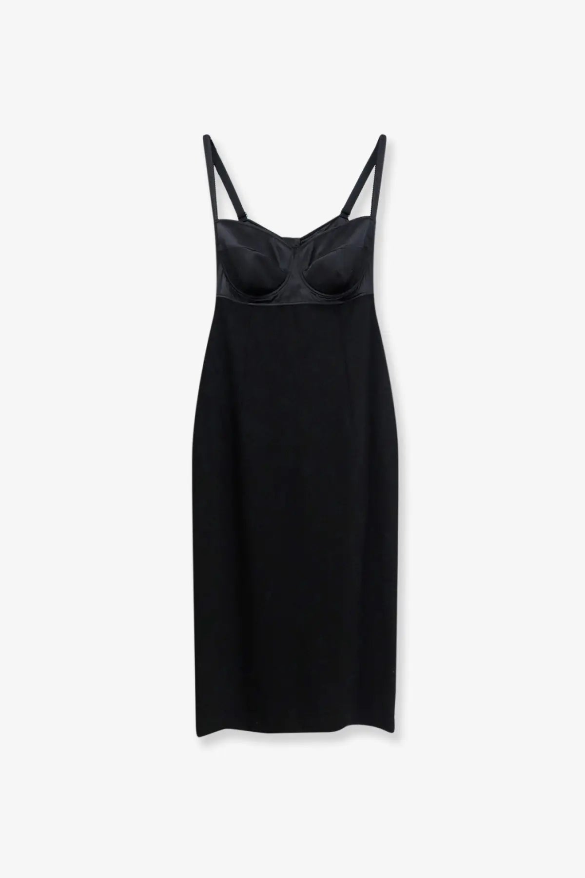 Dolce &amp; Gabbana women’s black satin strap dress with structured bodice and sleek flowing skirt in stretch fabric