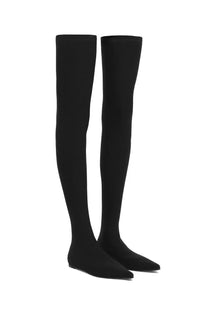 Dolce &amp; Gabbana women’s black stretch jersey over-the-knee boots with pointed toes and sleek stretchy fabric