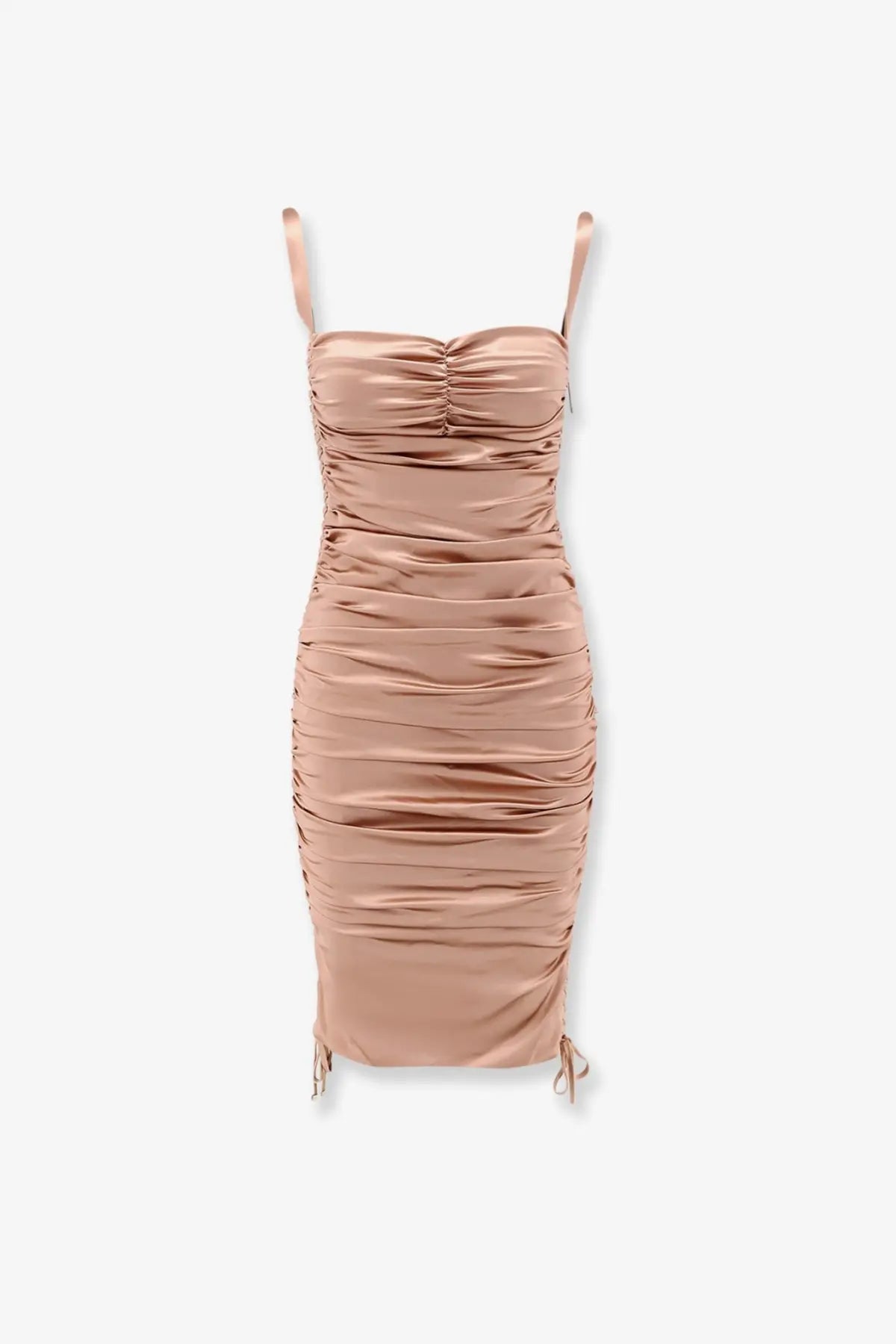 Dolce &amp; Gabbana women’s stretch silk beige bodycon dress with rose gold satin ruched detail and thin spaghetti straps