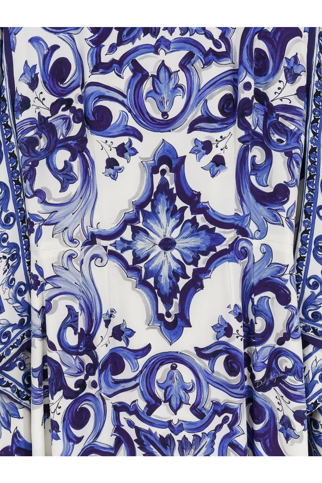 Dolce &amp; Gabbana women’s stretch silk long dress in white with blue ceramic-inspired floral patterns