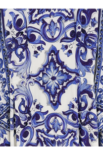 Dolce &amp; Gabbana women’s stretch silk long dress in white with blue ceramic-inspired floral patterns
