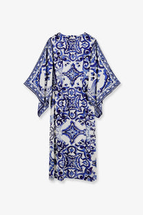 Dolce &amp; Gabbana women’s stretch silk long dress in blue featuring a flowing white and blue patterned kaftan design