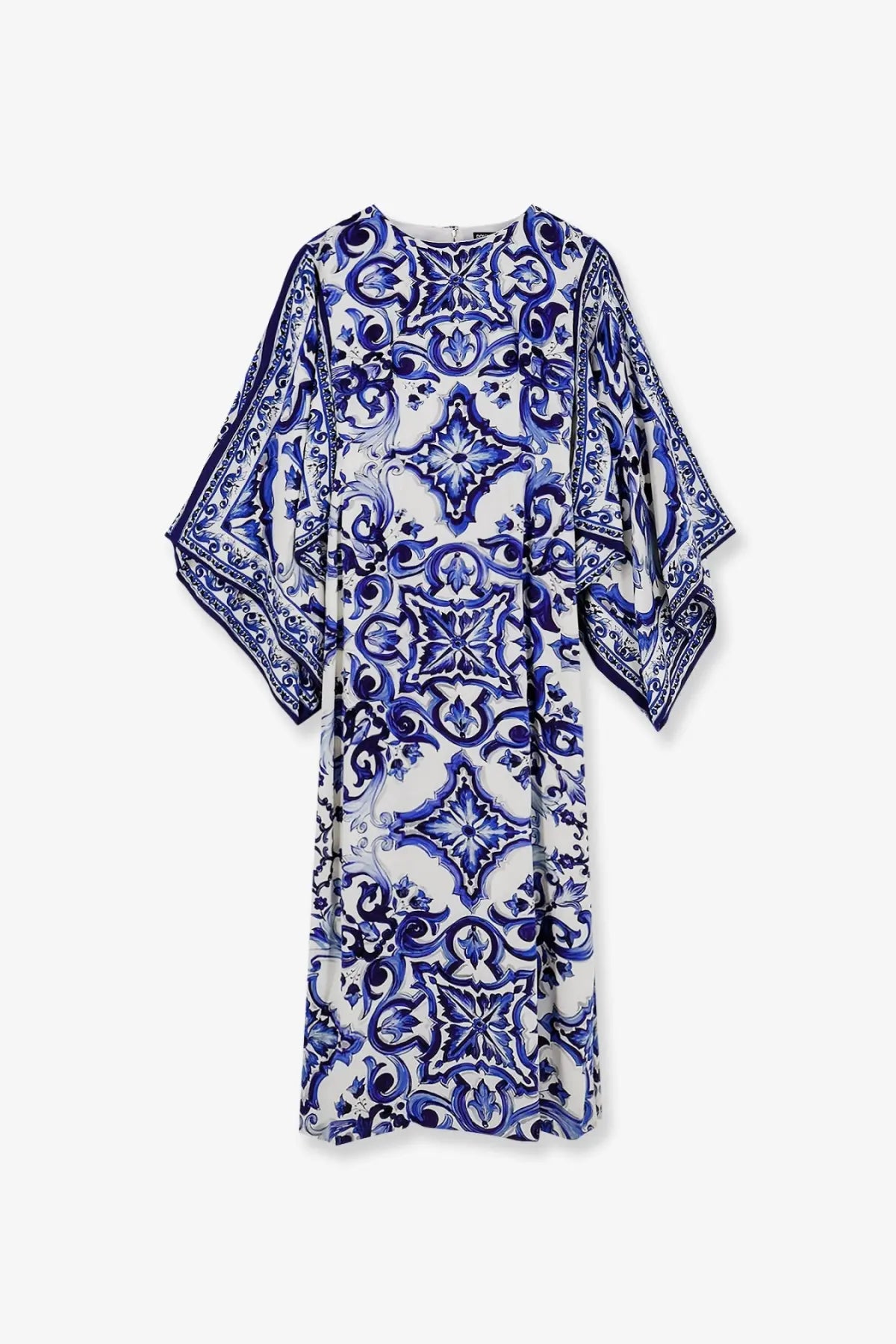 Dolce &amp; Gabbana women’s stretch silk long dress in blue with white floral and geometric patterned kaftan style