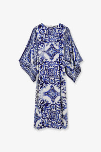 Dolce &amp; Gabbana women’s stretch silk long dress in blue with white floral and geometric patterned kaftan style