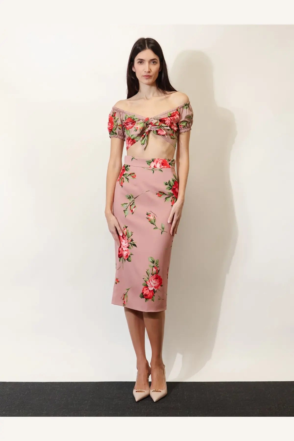 Dolce &amp; Gabbana women’s pink stretch silk long skirt with vibrant red rose prints in a matching floral crop top set