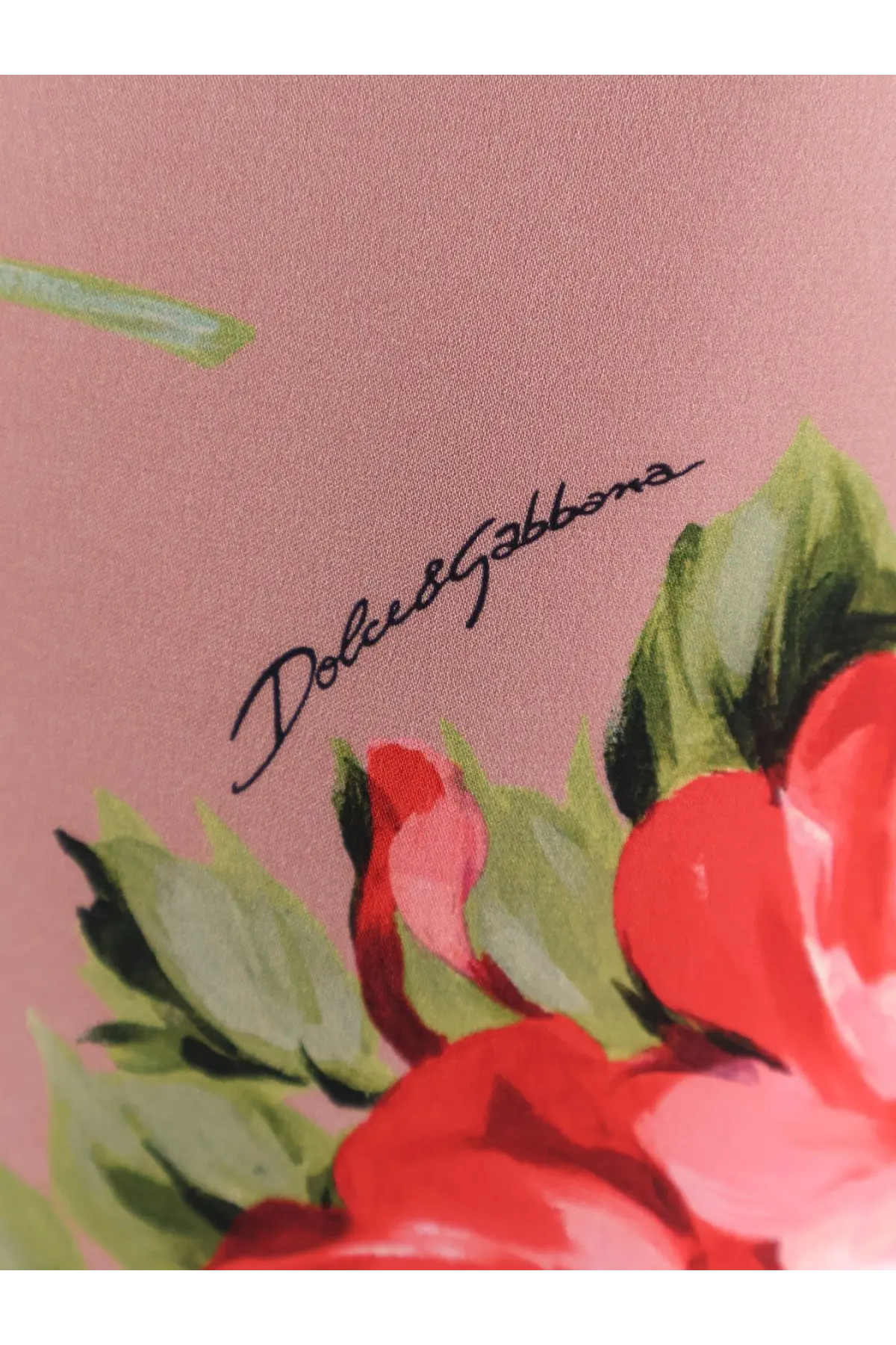 Dolce &amp; gabbana women’s stretch silk long skirt in pink paired with a pink scarf featuring red floral print with green leaves