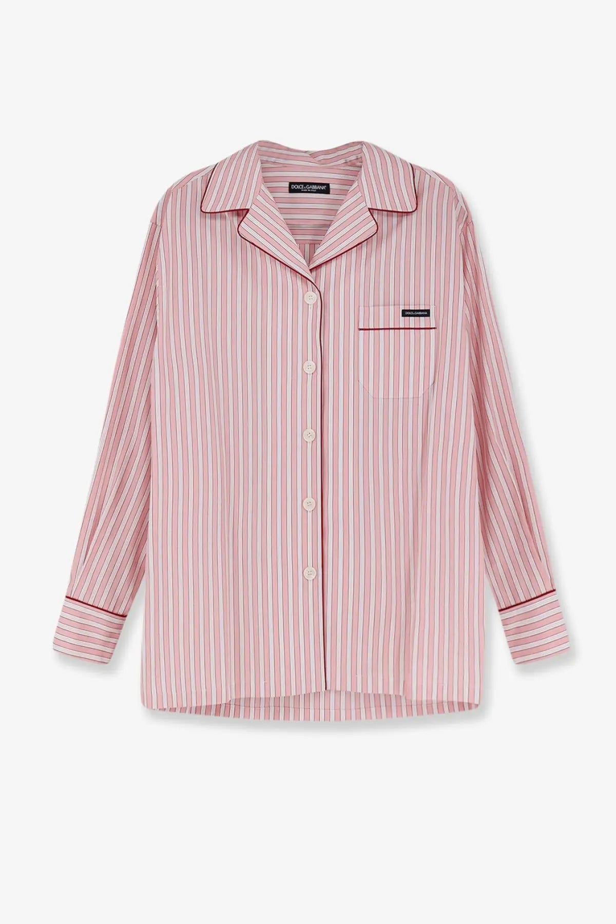 Dolce &amp; Gabbana women’s striped cotton pajama shirt in pink and white with dark red trim on collar cuffs and pocket