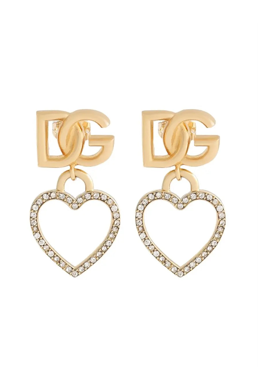 Dolce &amp; Gabbana women’s gold-tone heart-shaped dangle earrings with sparkling rhinestones and dg logo charm