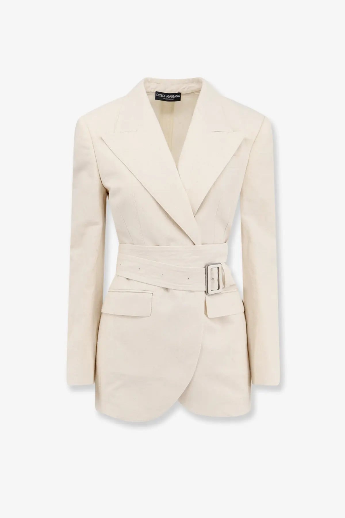 Cream-colored dolce and gabbana women’s taormina rustic canvas blazer with structured silhouette and belted waist